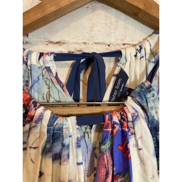 Peter Som Maxi Dress Womens Medium Blue Carribean Beach Scene Tie Back Halter - Picture 6 of 16